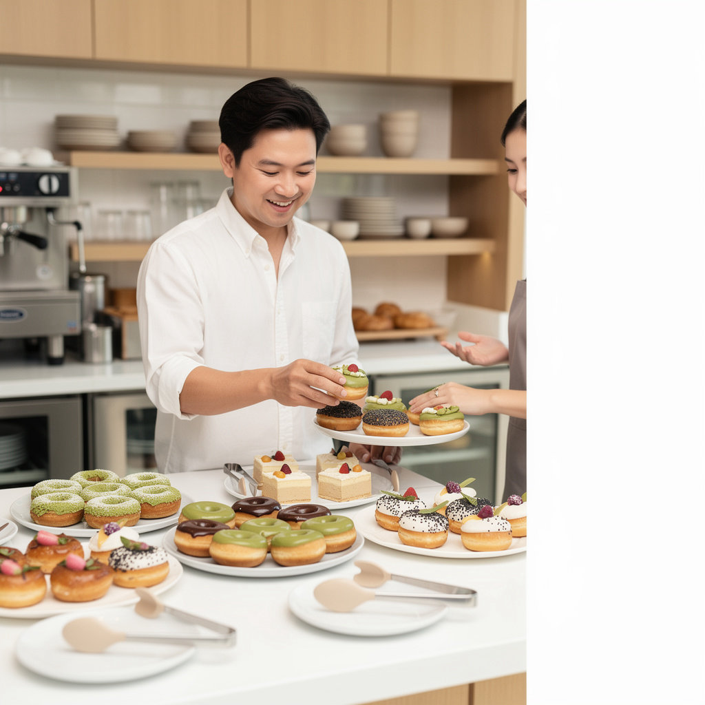 Kin Bakeshop catering display featuring an assortment of Korean-inspired donuts and pastries for events in Santa Barbara